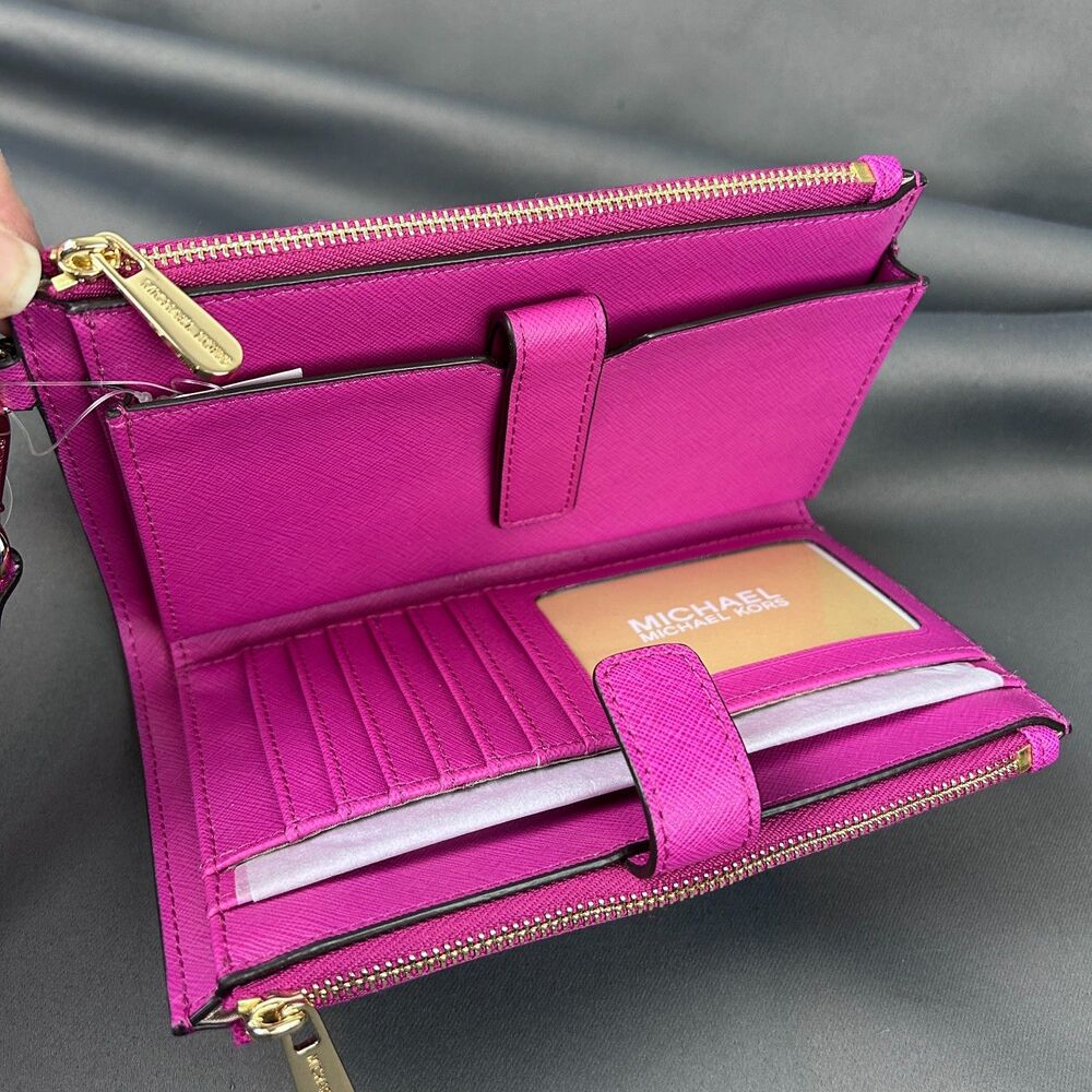Michael Kors Pink Fuschia Leather Jet Set Travel Double Zip Wristlet Wallet - Picture 13 of 16